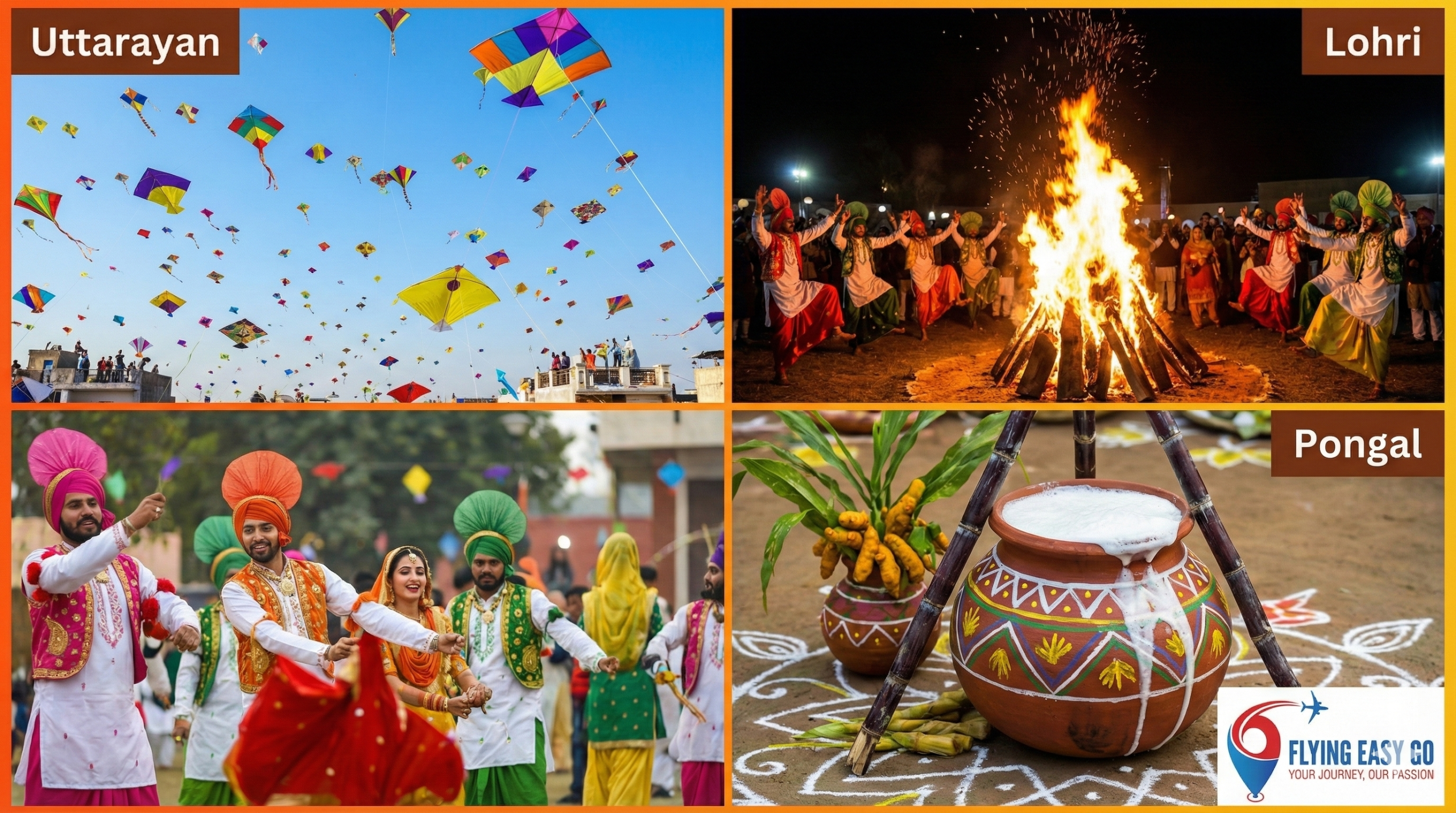 A vibrant, colorful collage of Indian festivals. Top Left: Many colorful kites in a blue sky (Uttarayan). Top Right: A traditional bonfire with people dancing (Lohri). Bottom: A decorated pot boiling over with Pongal dish (Tamil Nadu). The image should feel energetic and festive. A vibrant, colorful collage of Indian festivals. Top Left: Many colorful kites in a blue sky (Uttarayan). Top Right: A traditional bonfire with people dancing (Lohri). Bottom: A decorated pot boiling over with Pongal dish (Tamil Nadu). The image should feel energetic and festive.